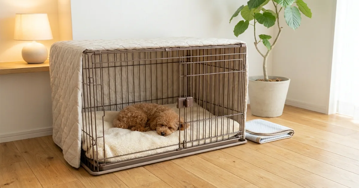 Poodle puppy resting comfortably in a correctly sized crate with a soft bed, part of potty training management