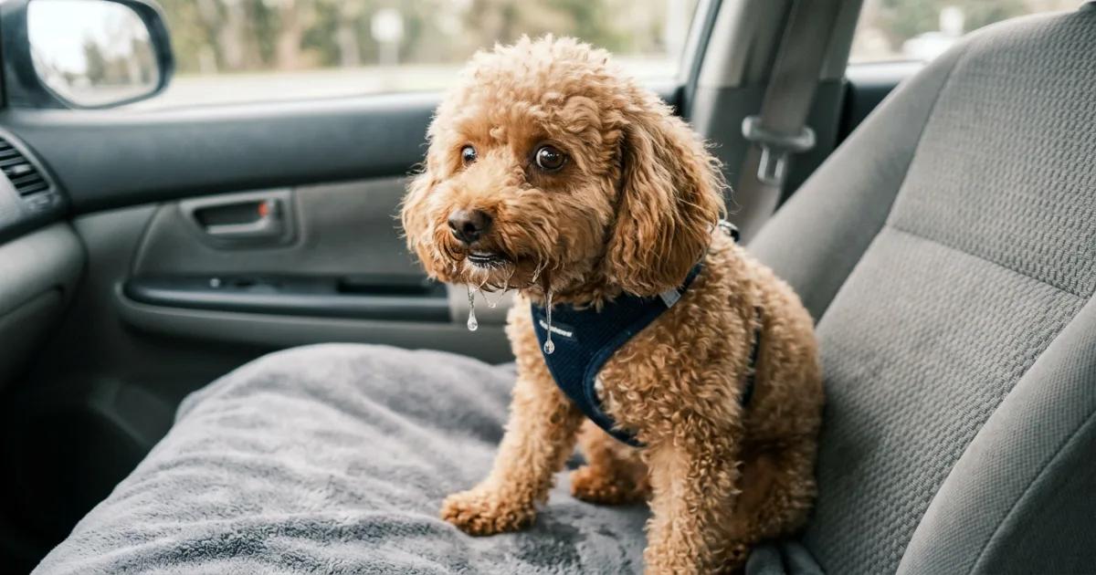 Standard Poodle relaxed during a car ride after car sickness program success