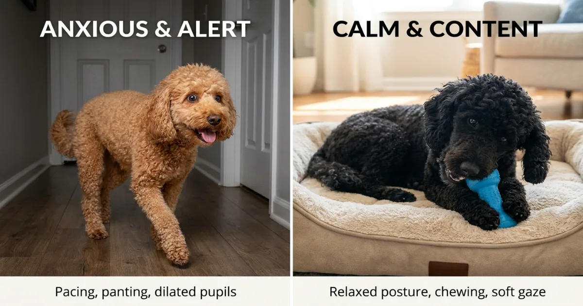 Side-by-side comparison of an anxious poodle pacing versus a relaxed poodle calmly chewing a toy