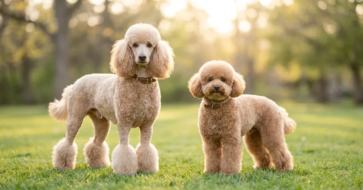 side-by-side comparison of a poodle in a lamb cut and a poodle in a puppy cut showing silhouette differences