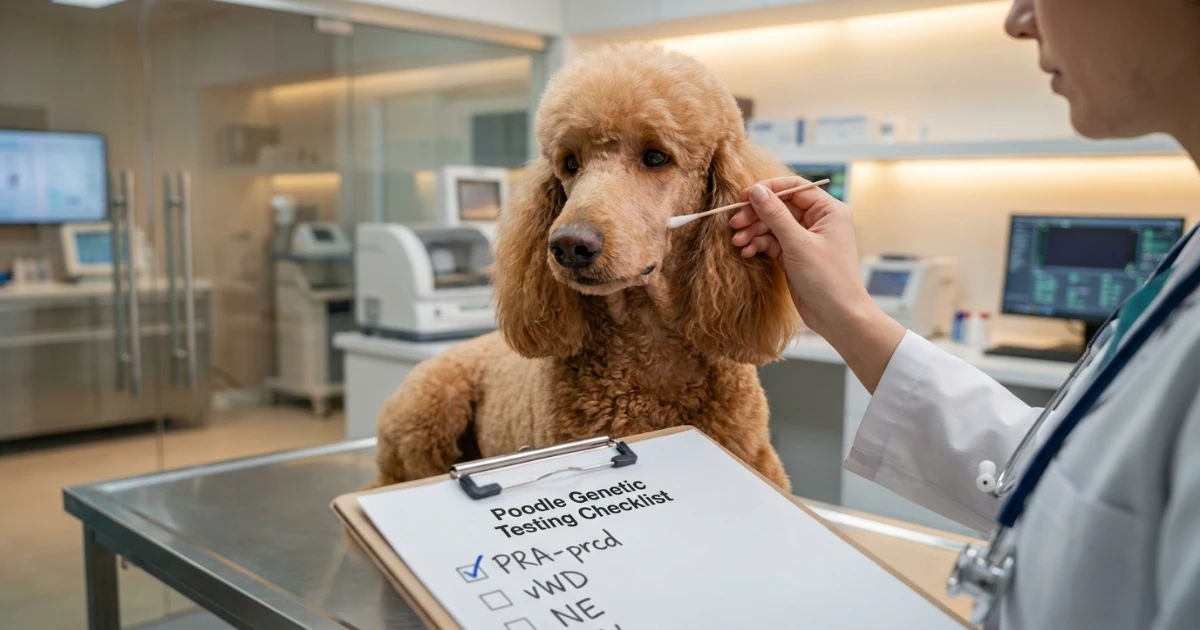 Veterinarian collecting a cheek swab for poodle genetic testing from a calm apricot standard poodle