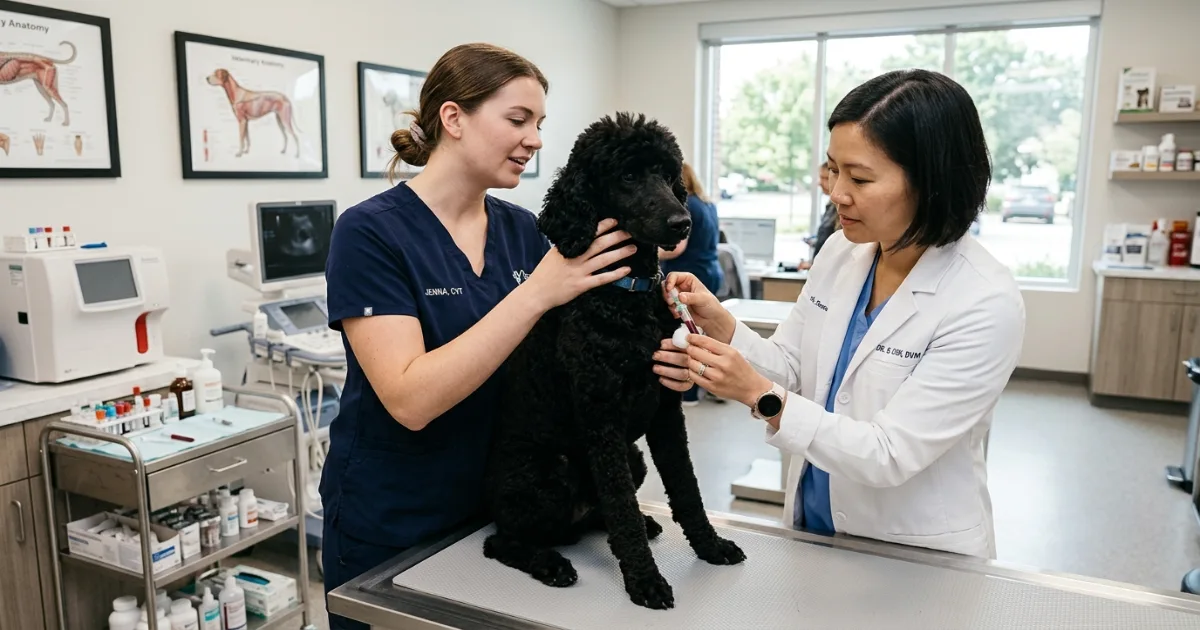 Veterinarian drawing blood from a poodle for thyroid panel testing