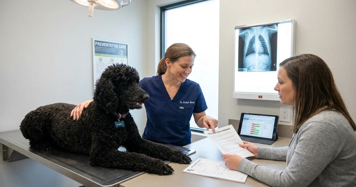 Veterinarian examining a standard poodle during a health check related to Poodle pet insurance coverage