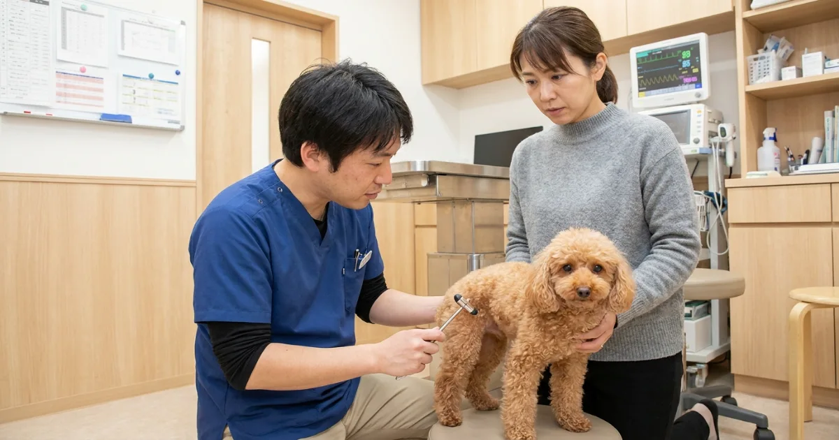Veterinarian performing neurological examination on a Toy Poodle to assess seizure activity origins
