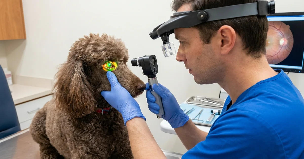 Close-up of a poodle's healthy eye during an ophthalmic exam, complement to genetic testing for PRA