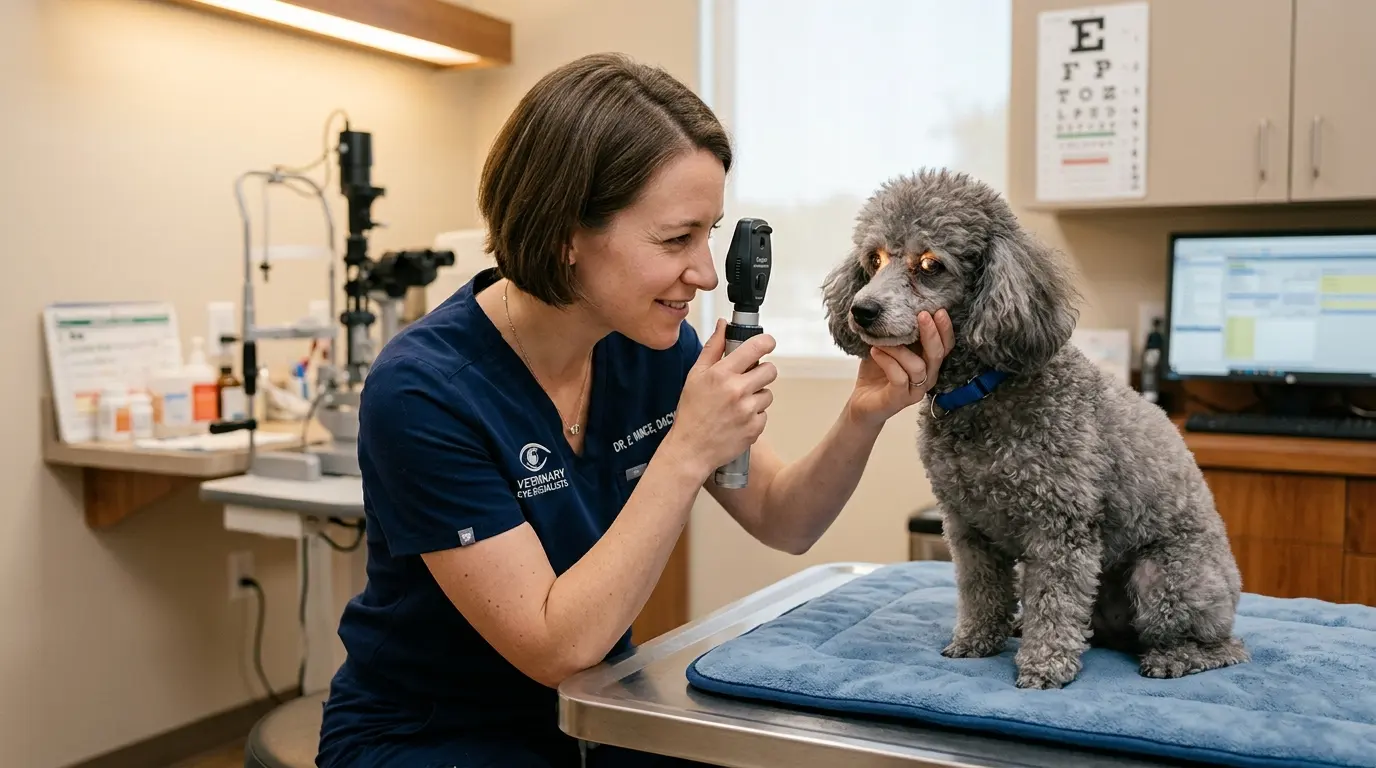 Veterinarian examining a miniature Poodle's eyes with an ophthalmoscope to screen for progressive retinal atrophy