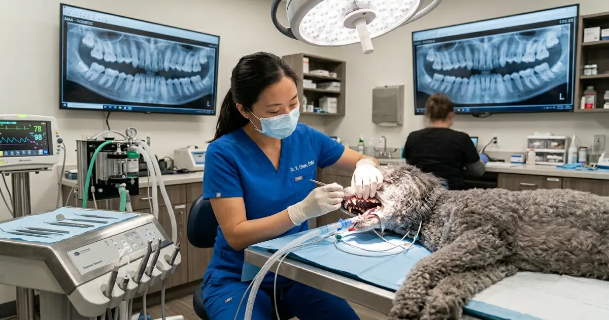 Poodle getting its teeth brushed with a finger brush and dog toothpaste by a gentle owner