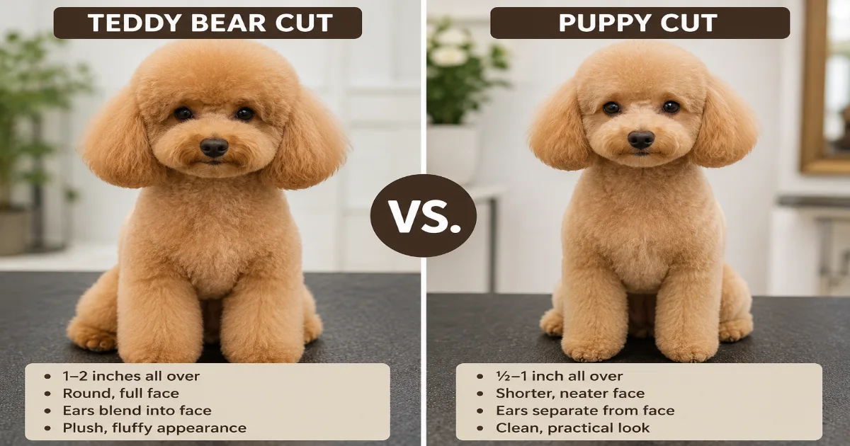 side-by-side comparison of a poodle with teddy bear cut and a poodle with puppy cut