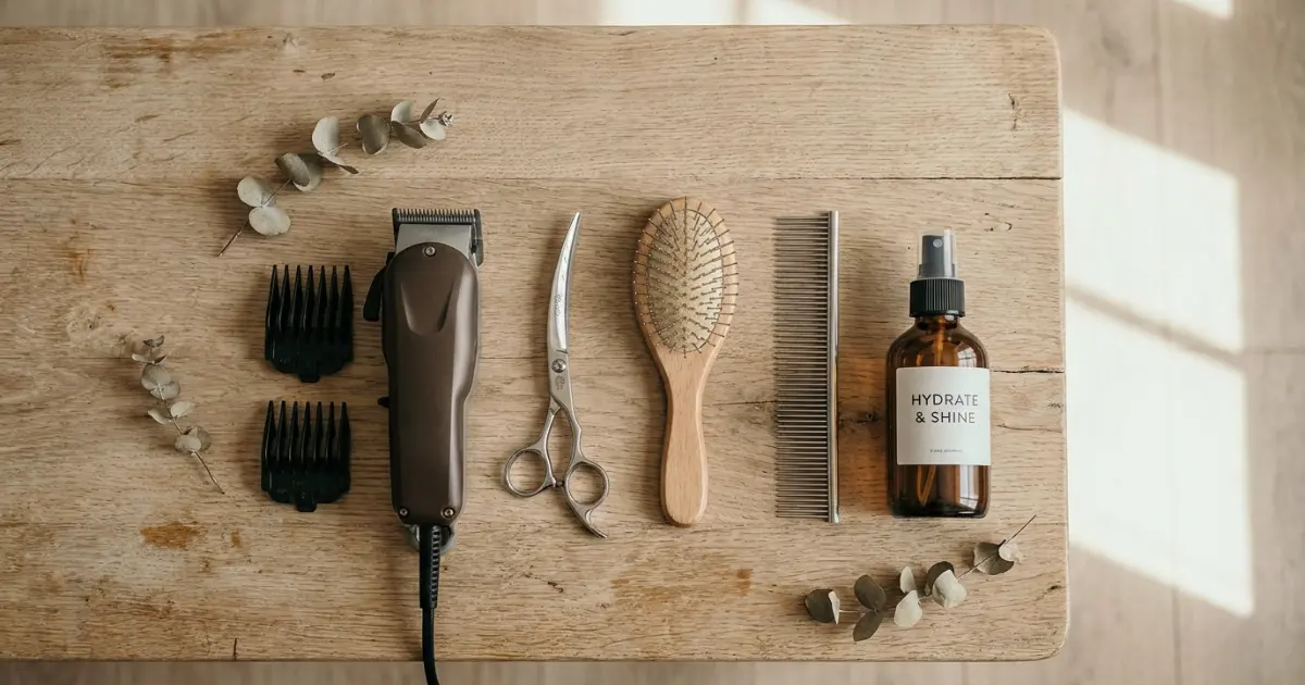 Grooming tools for Poodle Dutch trim including clippers, shears, and brushes