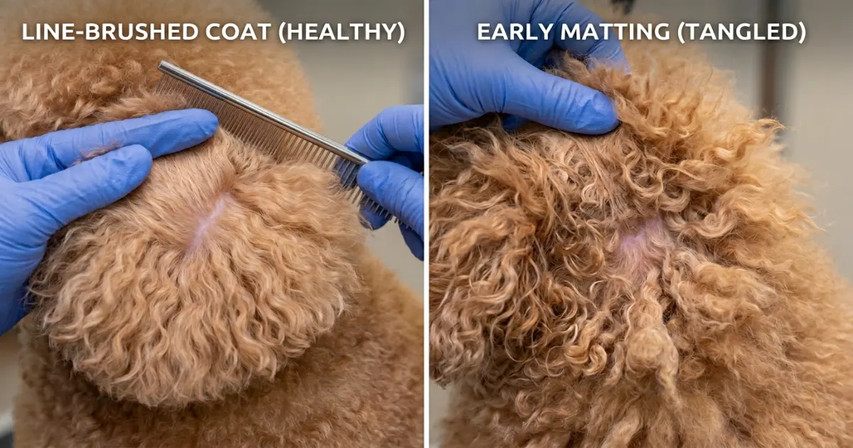 Side-by-side comparison of healthy brushed poodle coat and matted coat section
