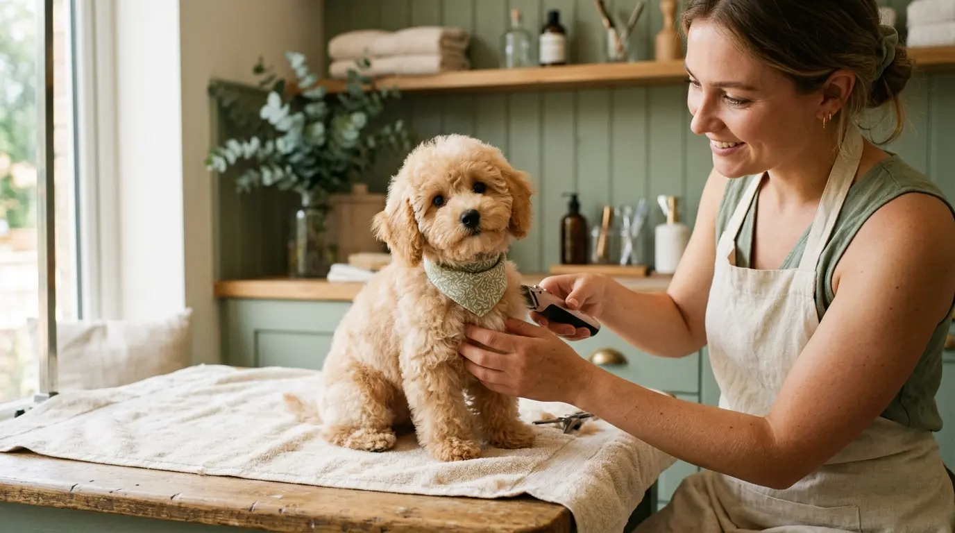 Miniature poodle before and after a summer cut showing coat length difference