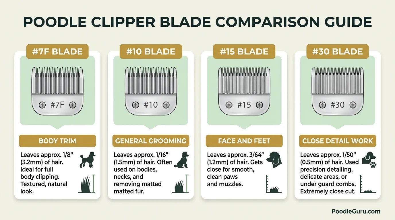 Comparison of #7F, #10, and #15 clipper blades sized for different poodle grooming areas