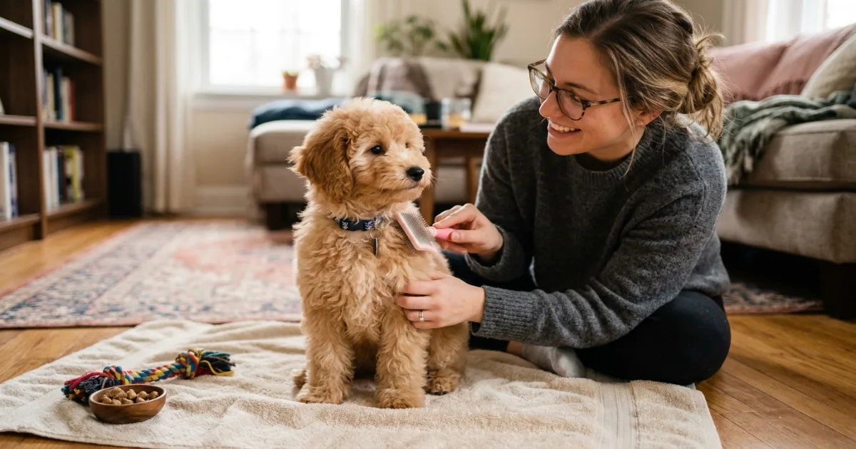 Demonstration of line brushing technique on a poodle coat with slicker brush