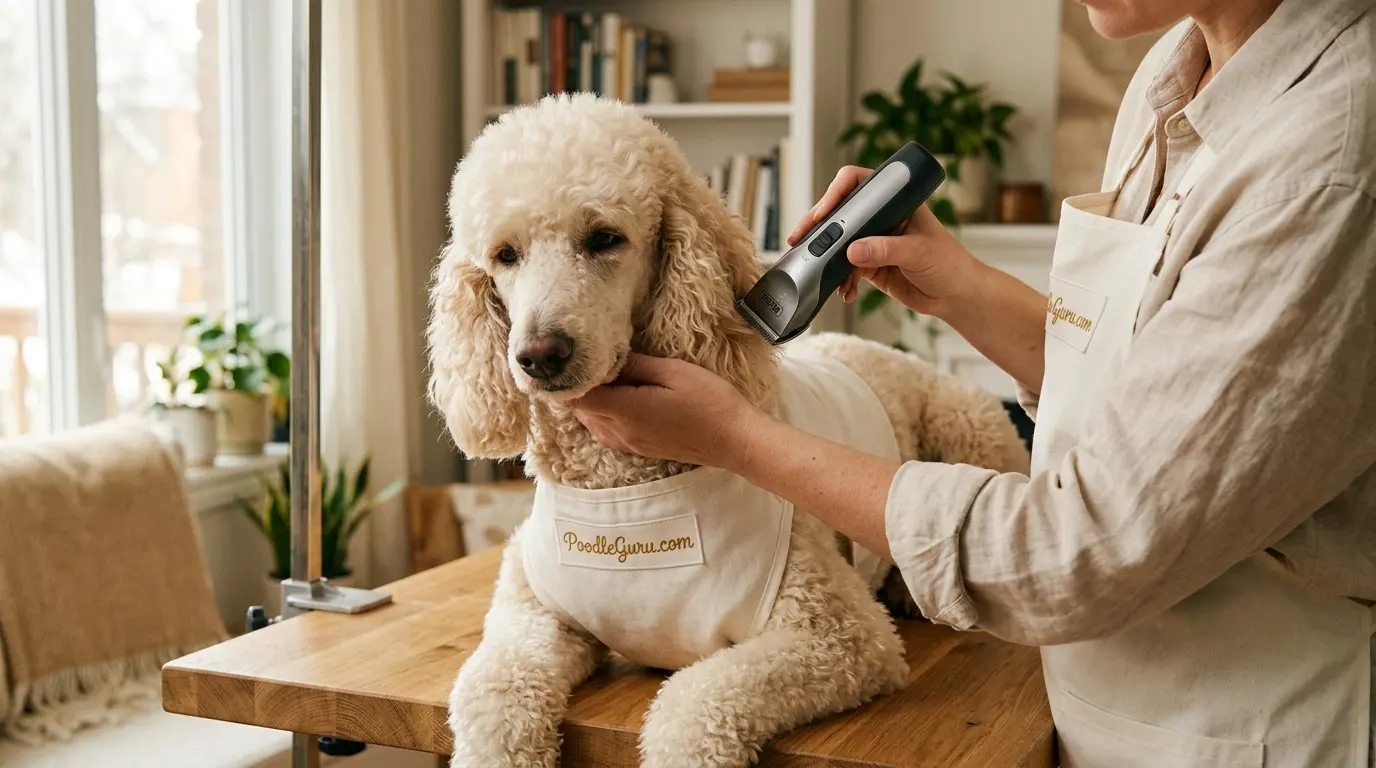 Wahl Arco SE cordless clippers being used to groom a standard poodle coat at home