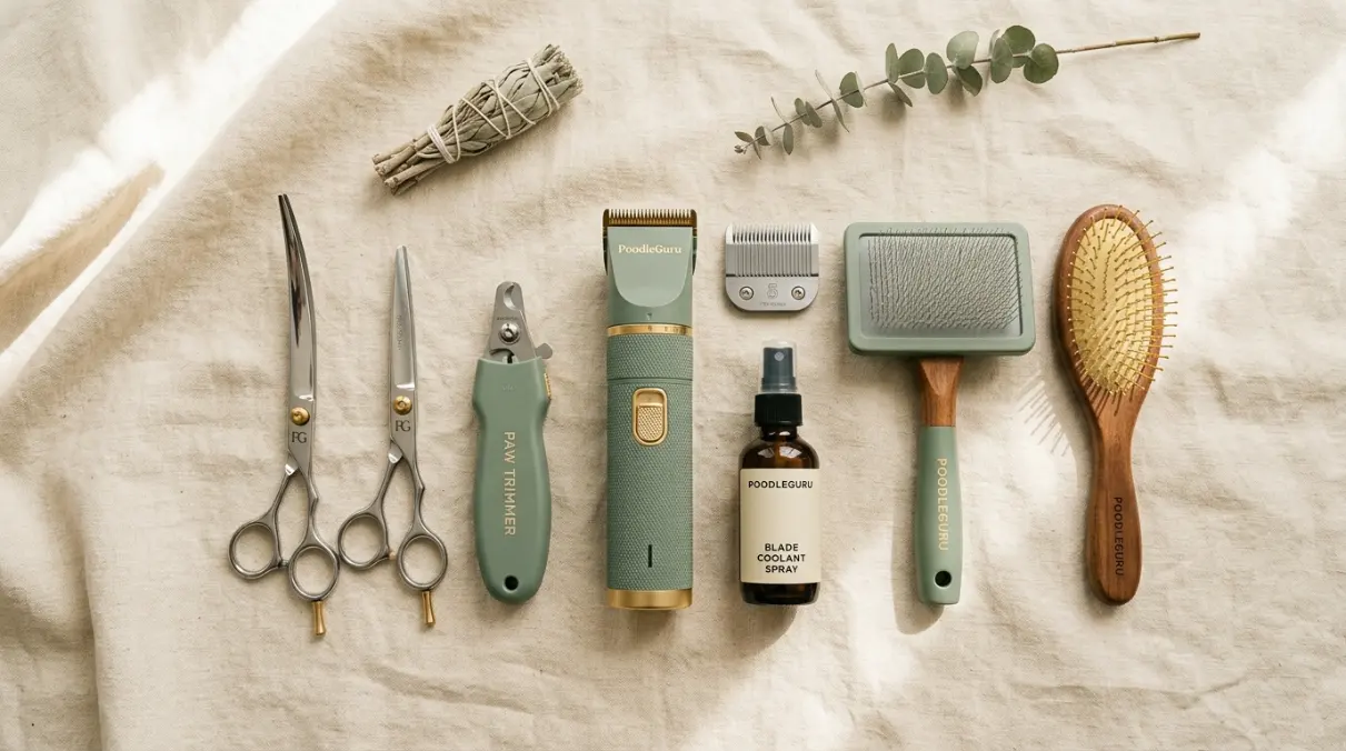 Grooming tools used for a poodle summer cut including clippers, brushes, and scissors