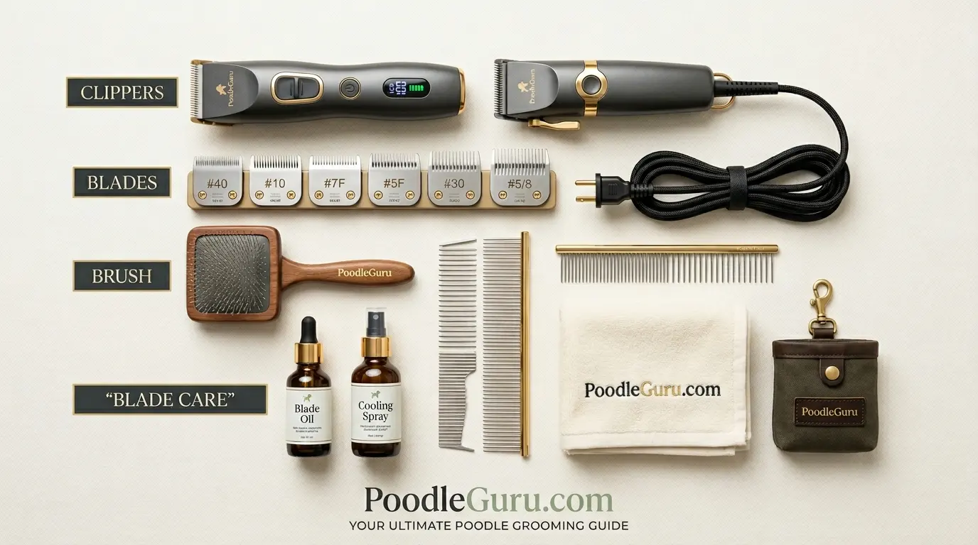 Owner using professional clippers to groom a miniature poodle at home with correct technique