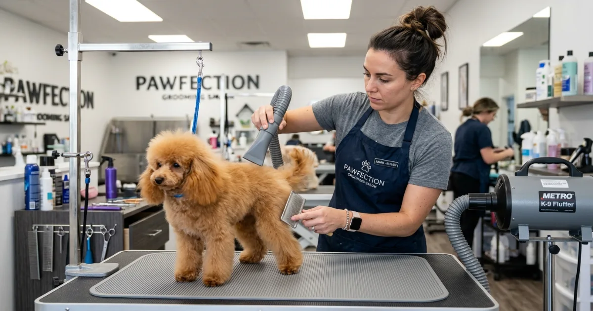 Freshly professionally groomed Toy Poodle with clean coat and trimmed face