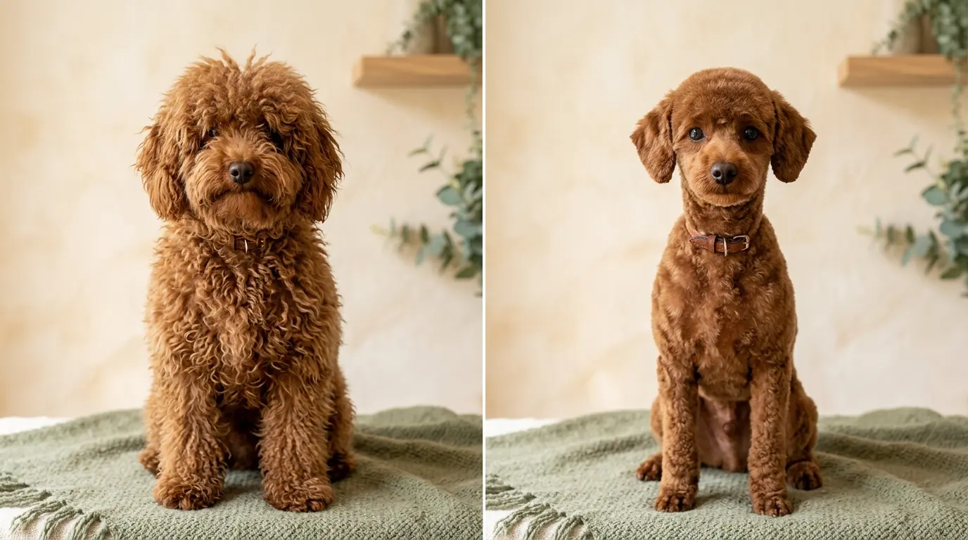 Professional groomer trimming a miniature poodle for a summer cut