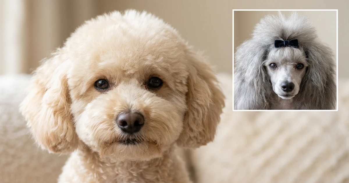 Owner showing reference photo to groomer with a red Miniature Poodle on the counter