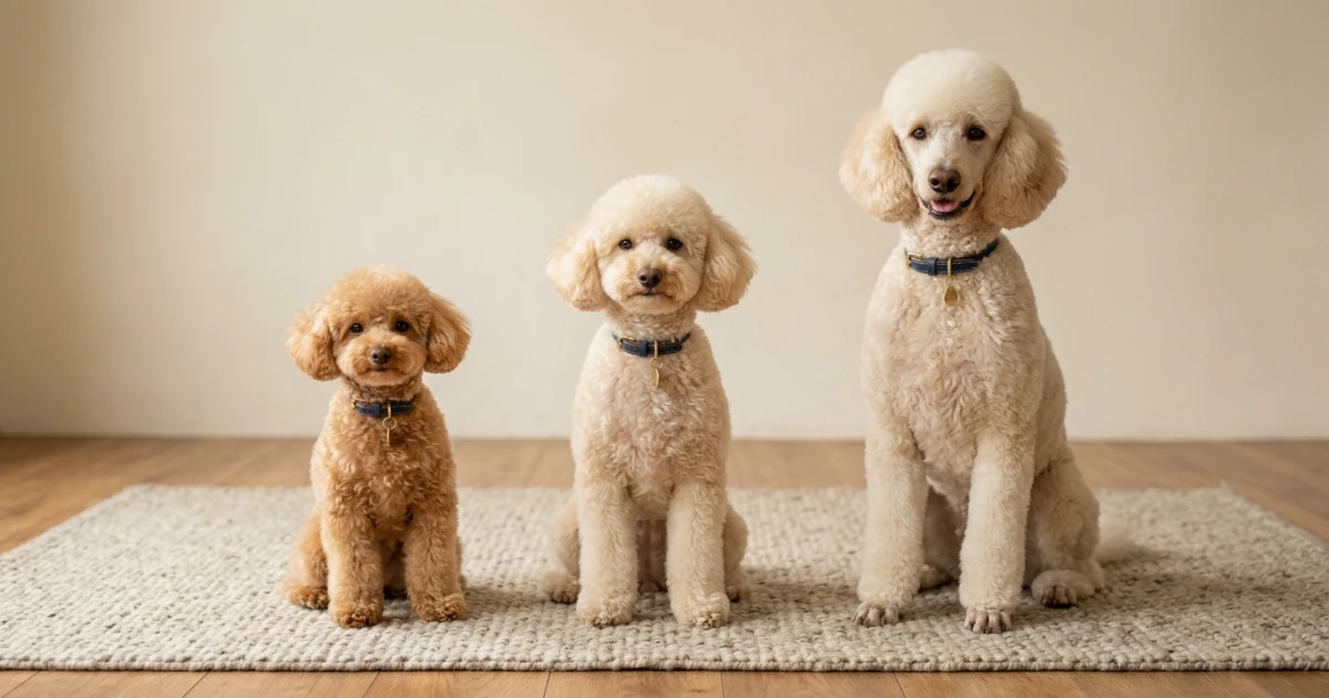 Cream Standard Poodle with a fresh puppy cut grooming style in a bright room