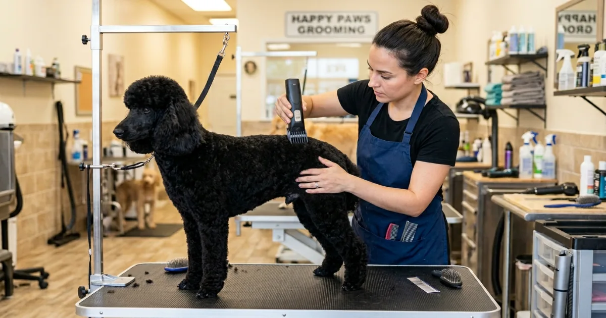 Side-by-side comparison of a short puppy cut and a fluffy puppy cut on apricot Toy Poodles