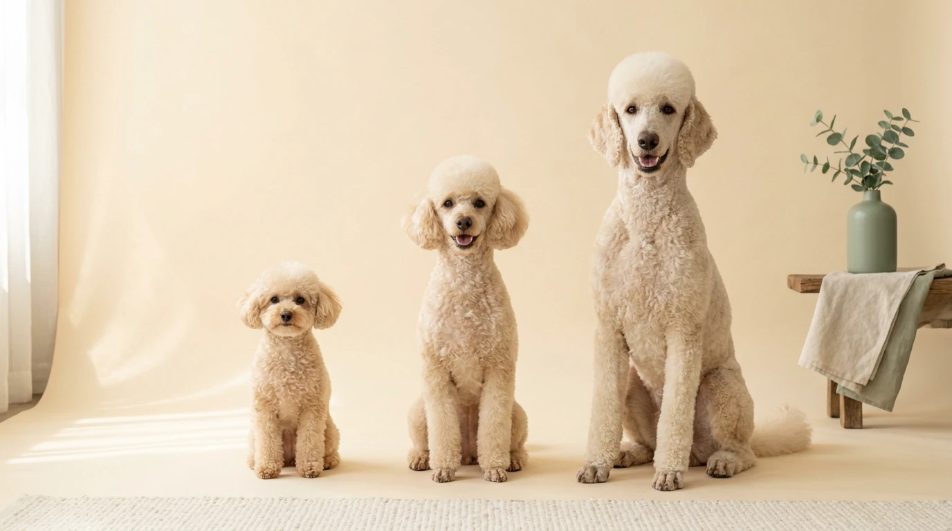 Toy, Miniature, and Standard poodles with summer cuts compared side by side