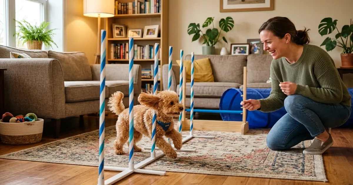Silver Standard Poodle in focused sit-stay during positive reinforcement training session indoors