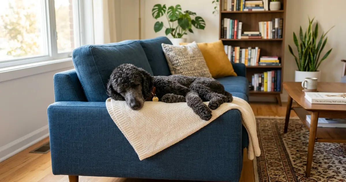 Cream Standard Poodle sitting calmly on a grooming table illustrating maintenance reality