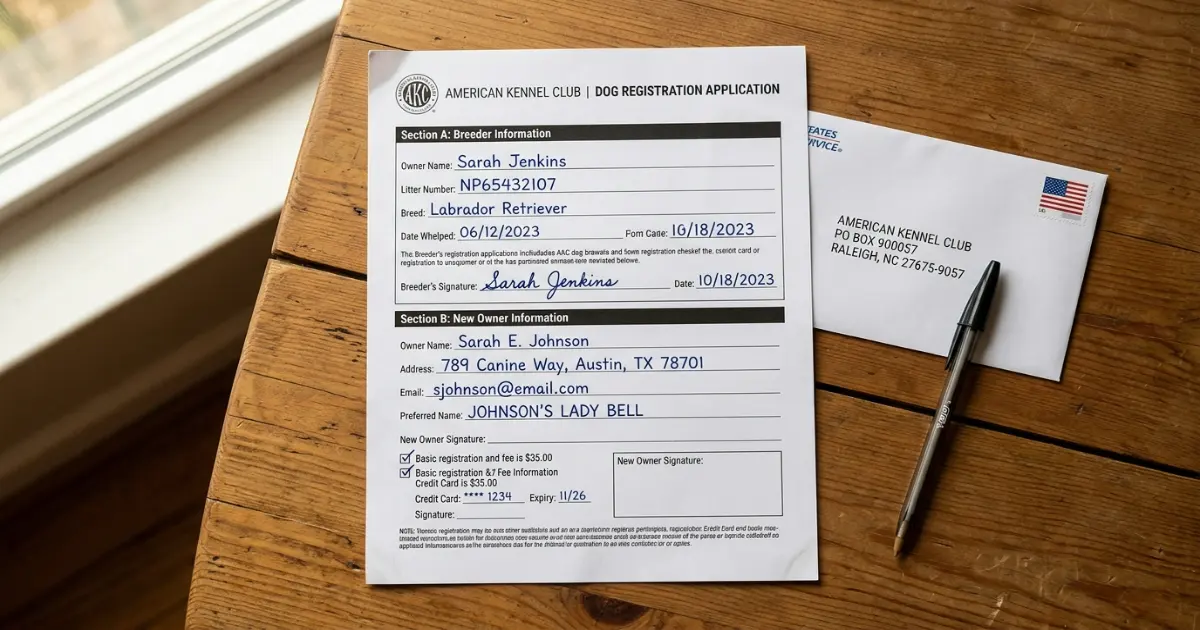 AKC registration application form on a table next to a Poodle puppy