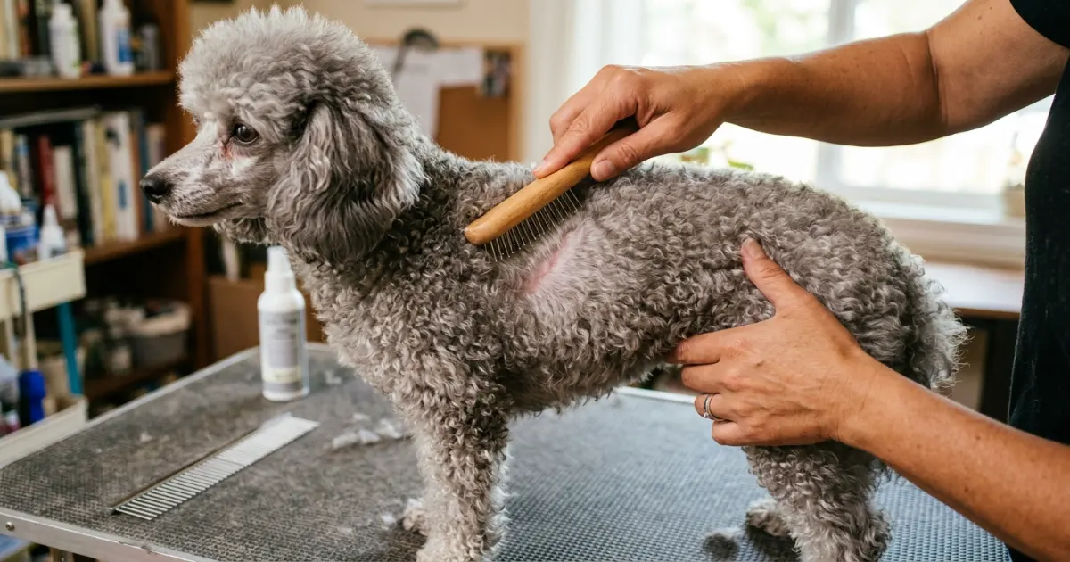 Close-up of line brushing technique on a silver poodle's curly coat