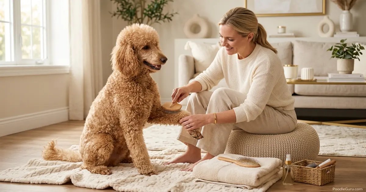 Owner gently brushing a standard poodle's legs after a dog park visit