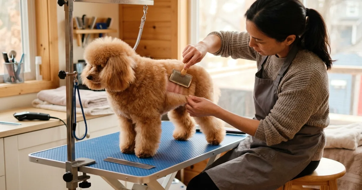 Owner grooming a Poodle at home step by step on a foldable grooming table with clippers