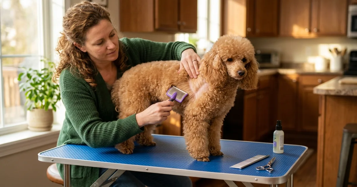 Brushing a Poodle at home step by step to remove tangles before bathing