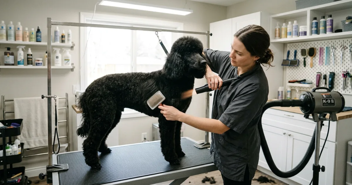 Close-up of a Poodle getting face and feet trim at home