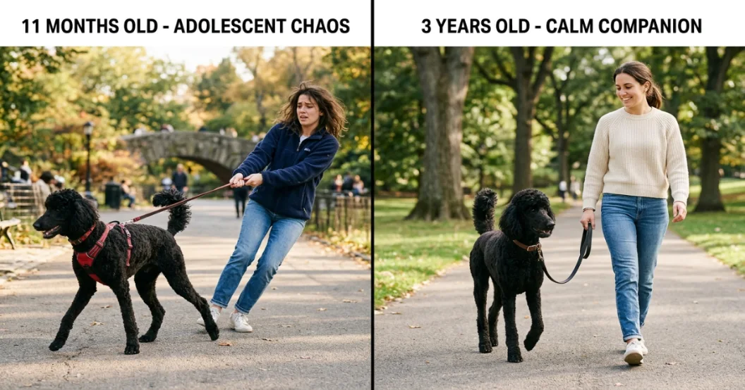 Poodle puppy vs adult Poodle side-by-side comparison showing size, coat, and life stage differences