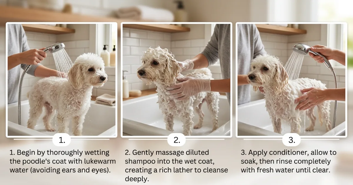 Toy, Miniature, and Standard Poodles showing grooming size differences at home