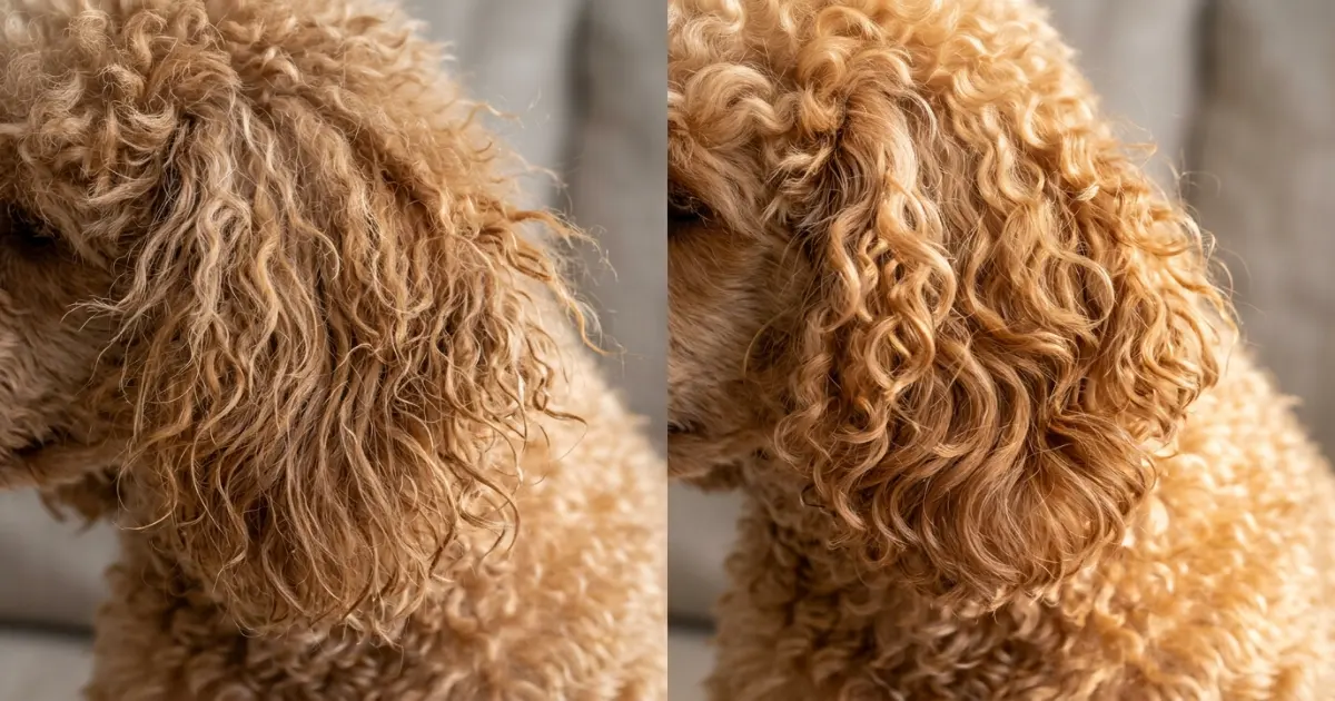 Before and after comparison of poodle coat without and with best conditioner for poodle hair