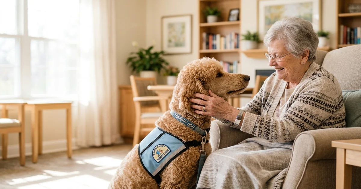 Certified therapy poodle wearing a blue vest and bandana