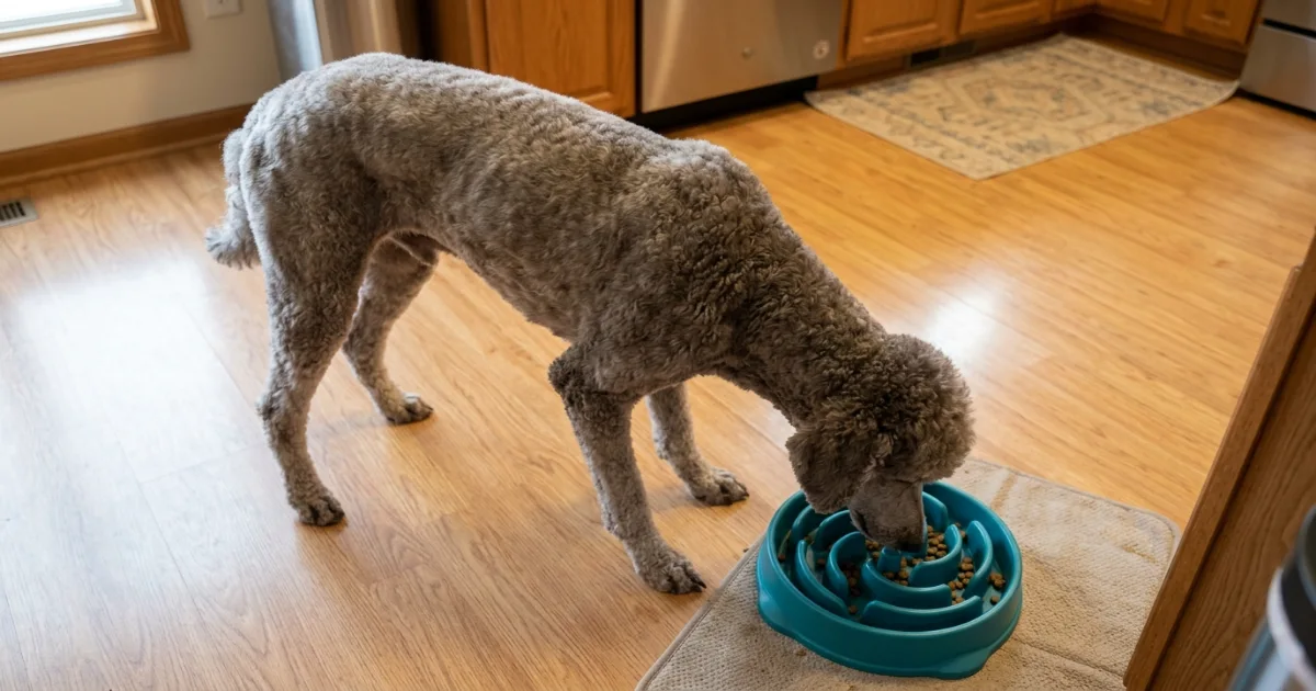 Measuring cup with poodle puppy kibble showing precise feeding portions guide