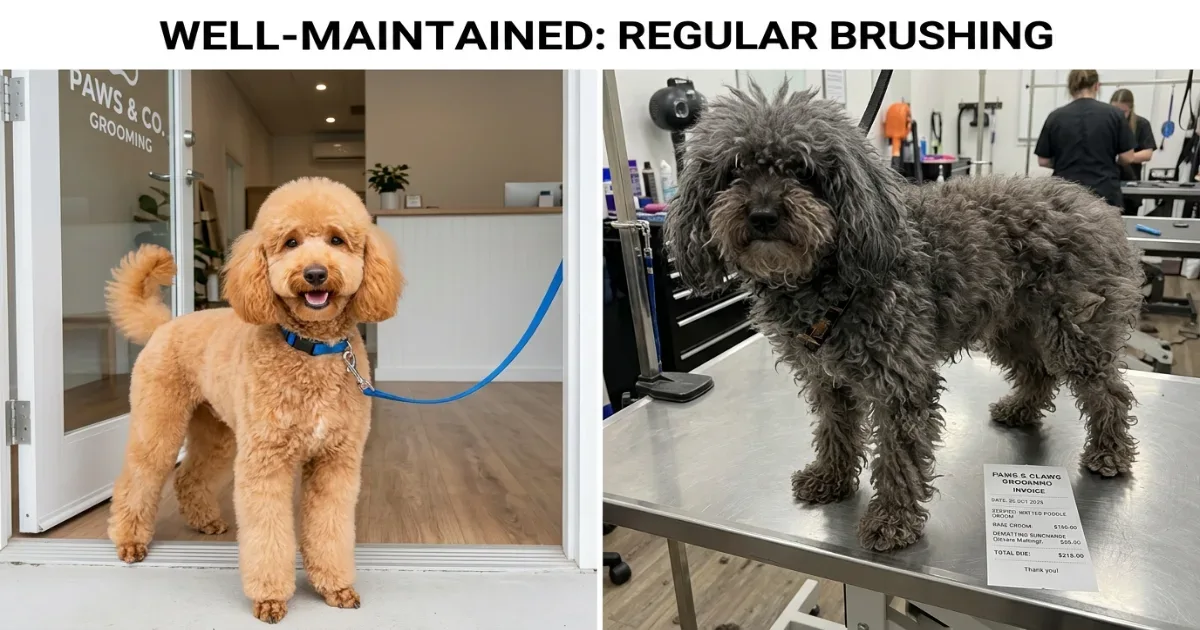 Owner brushing a Miniature Poodle at a home grooming station with clippers nearby