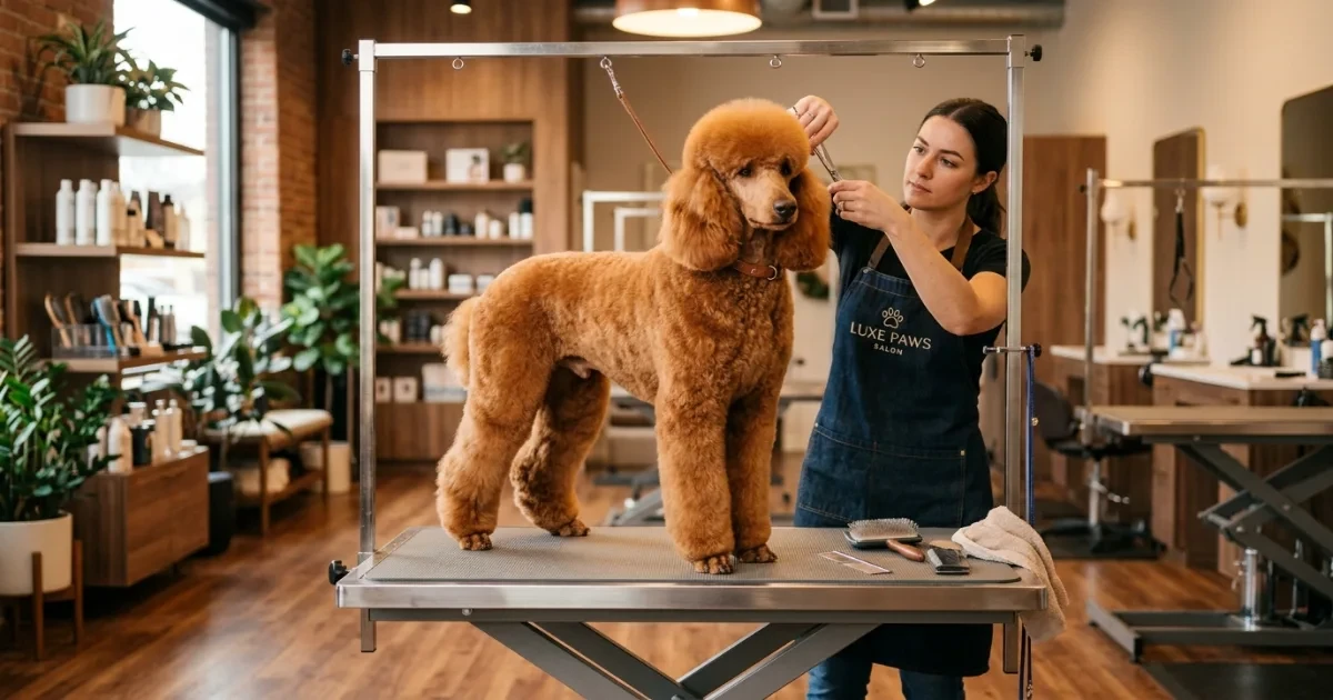 Professional groomer scissoring a black Standard Poodle's topknot in a clean salon