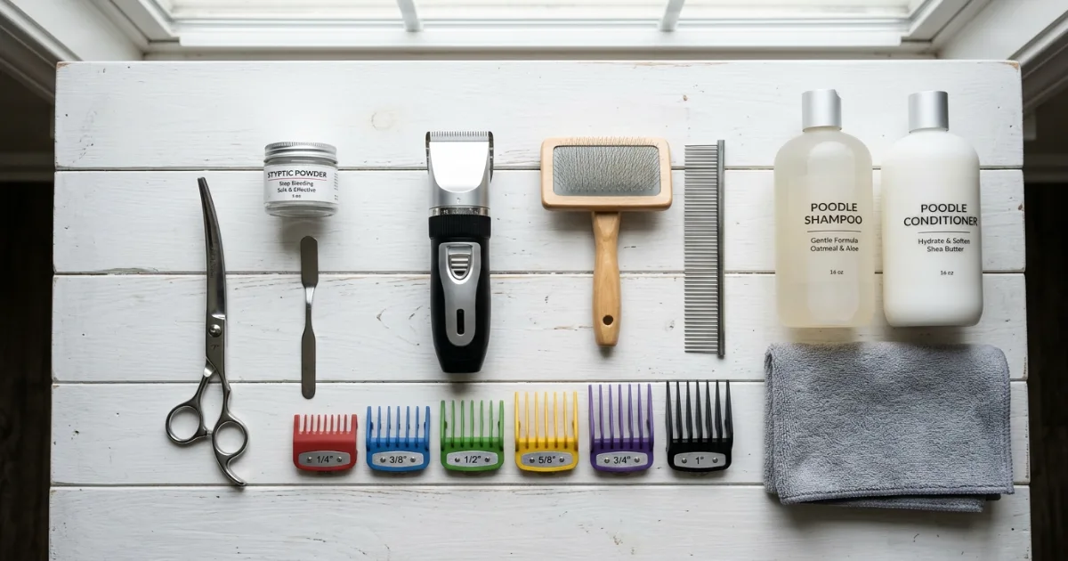 Essential tools for grooming a Poodle at home: clippers, slicker brush, comb, and dryer