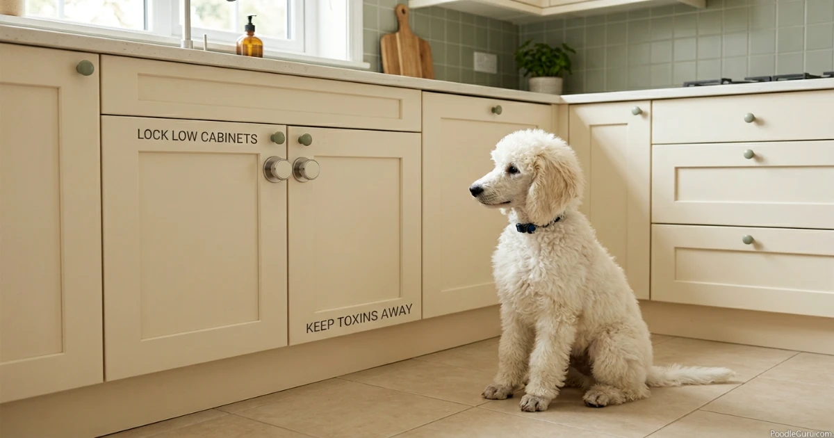 How to puppy-proof your home for a poodle with magnetic cabinet locks on cleaning cabinets