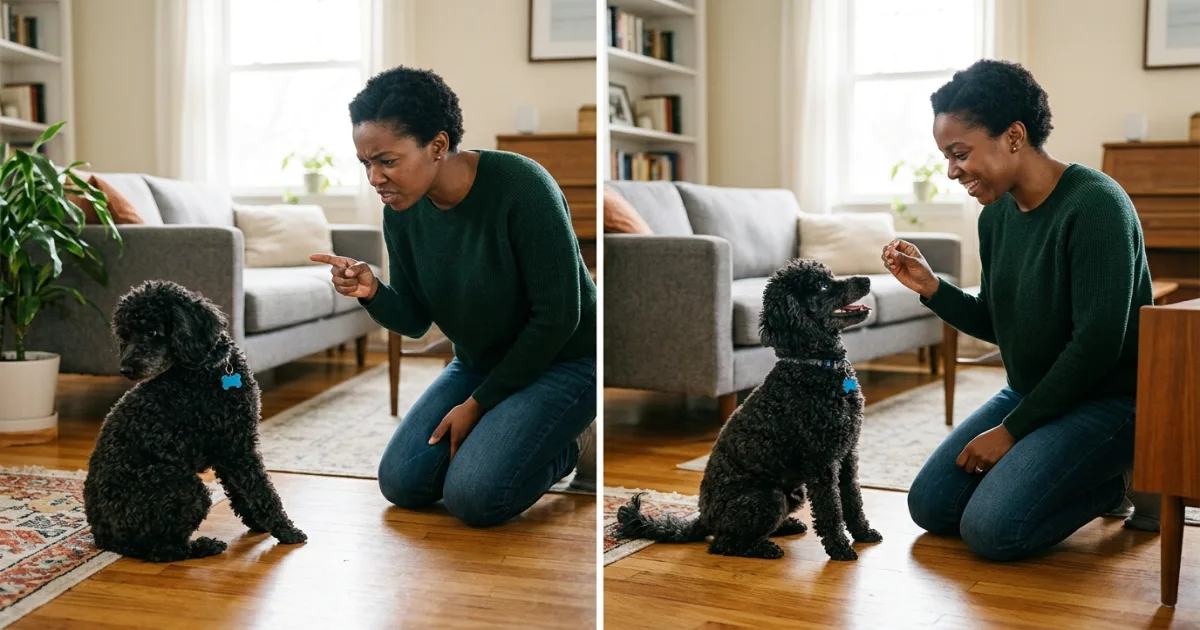 Brown Miniature Poodle successfully performing leave-it cue during training session