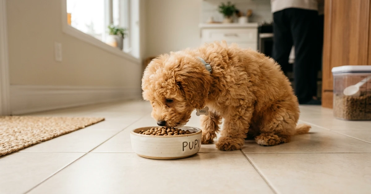 Senior Standard Poodle eating from slow feeder bowl managing senior diet and bloat prevention