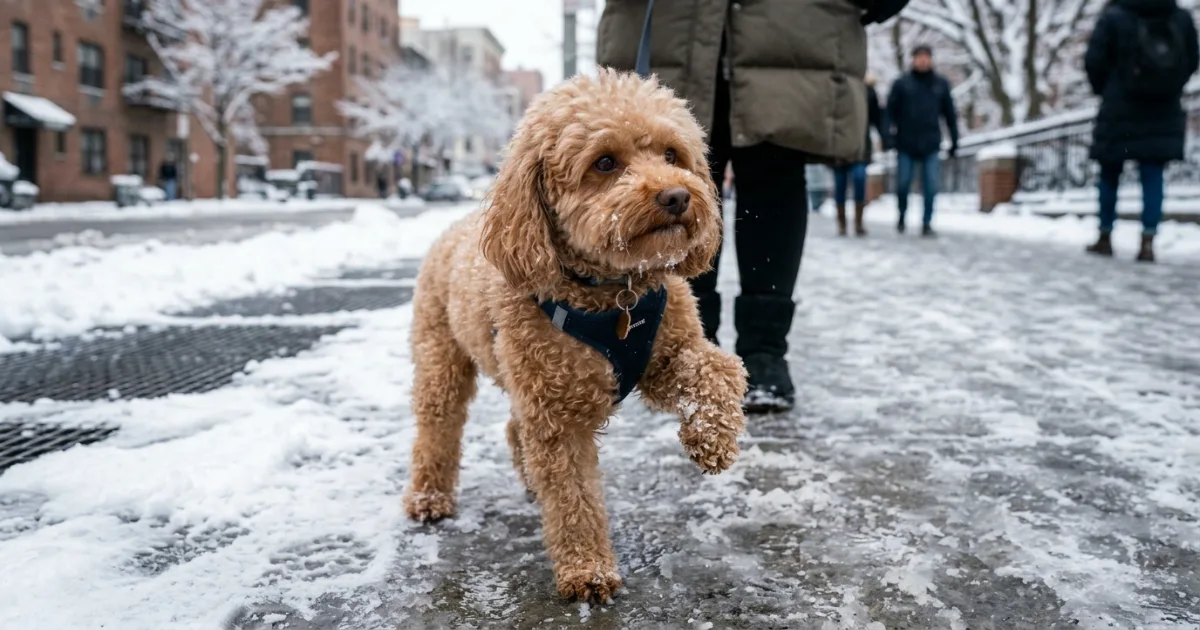 Toy poodle engaging with puzzle toy indoors during cold weather