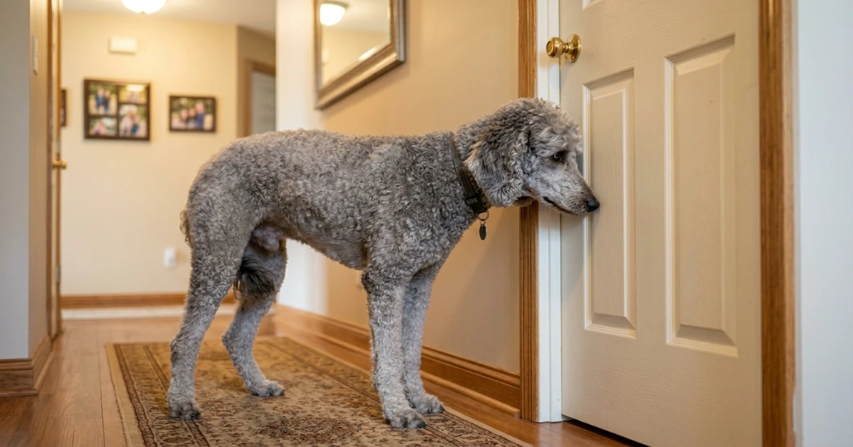 Toy Poodle showing signs of unmet attention needs near a closed door