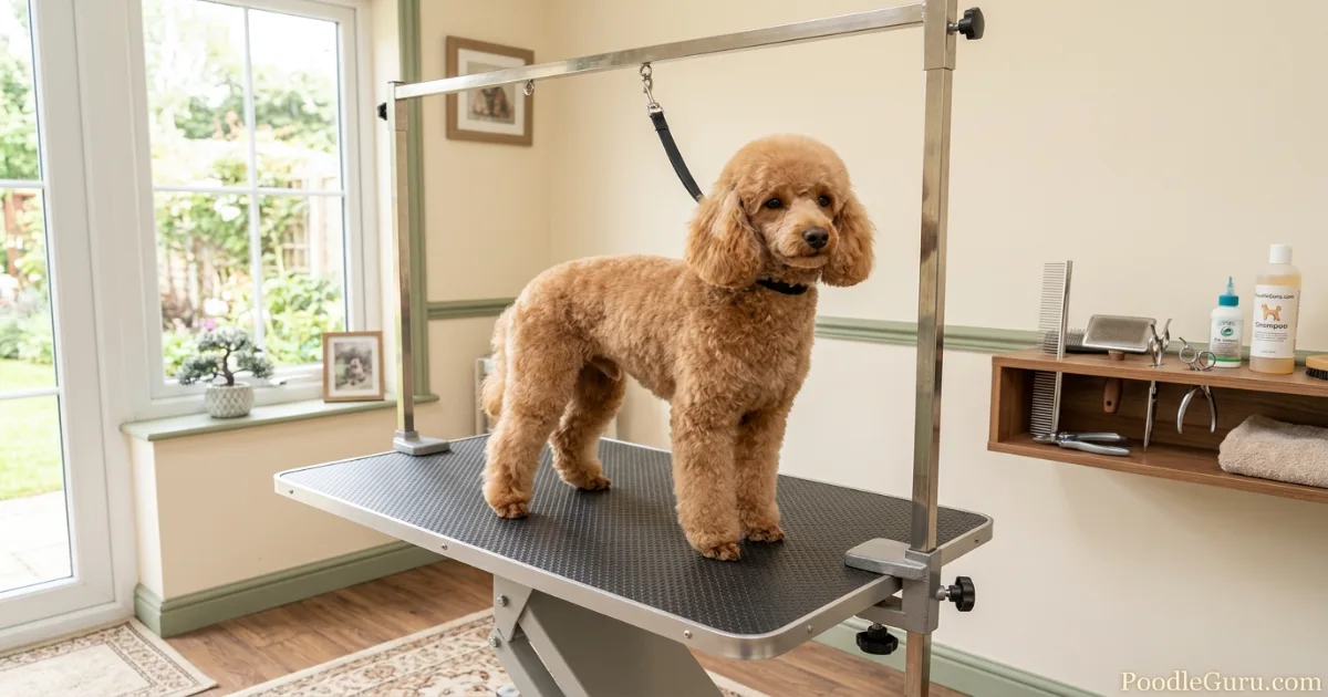 Adjustable poodle grooming table for a Miniature Poodle