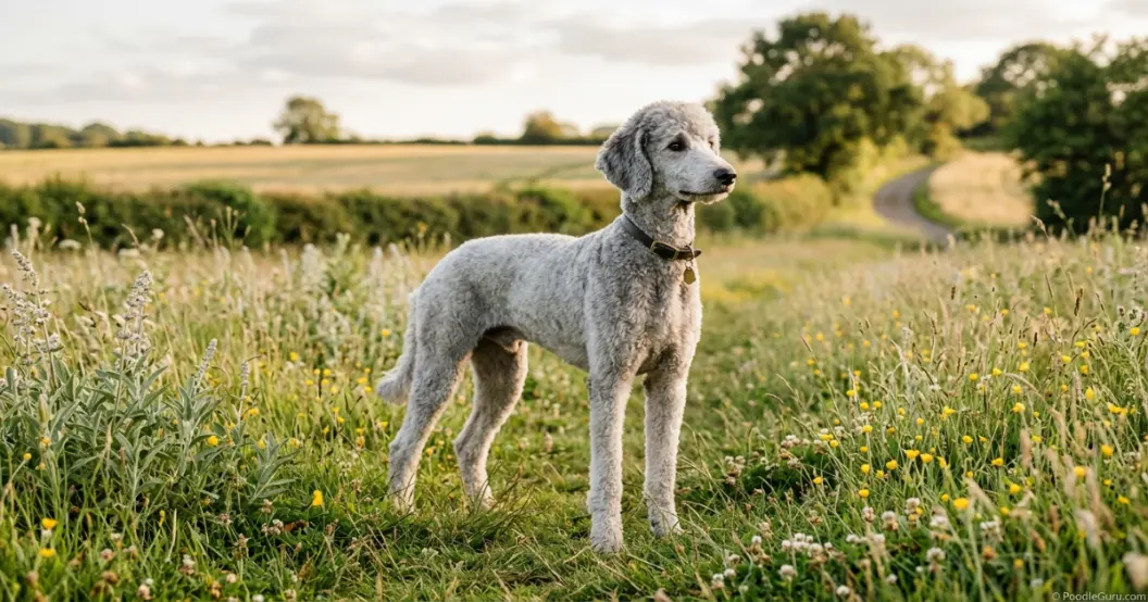 Adolescent Standard Poodle in the lanky growth phase, standing in a meadow