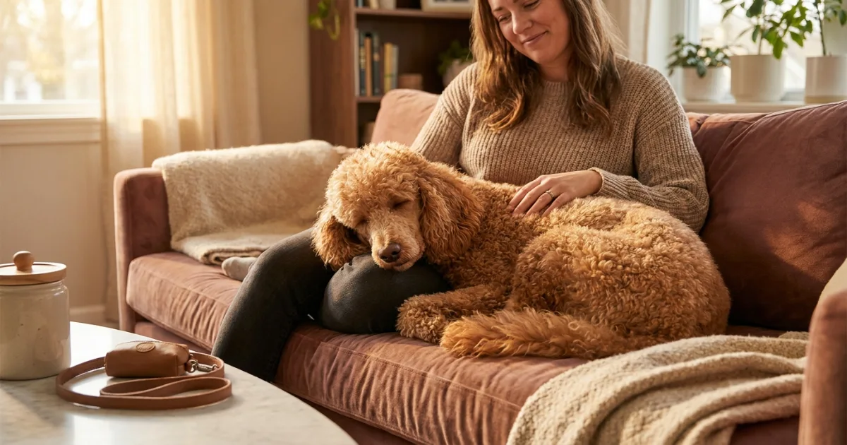 Calm adult poodle resting beside owner after biting phase has passed